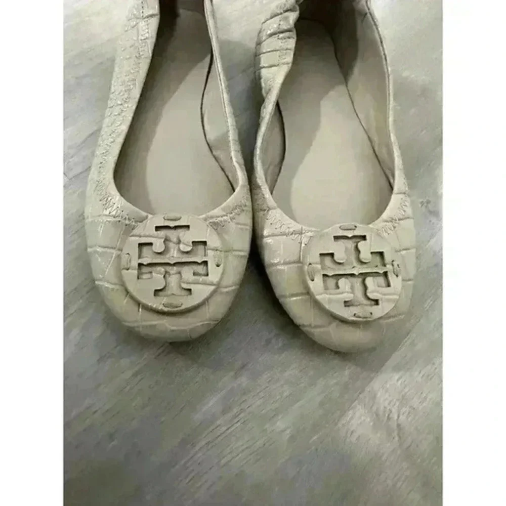 Tory Burch Women Jamaica Sand Croc Leather Logo Ballet Flats‎ Size 5